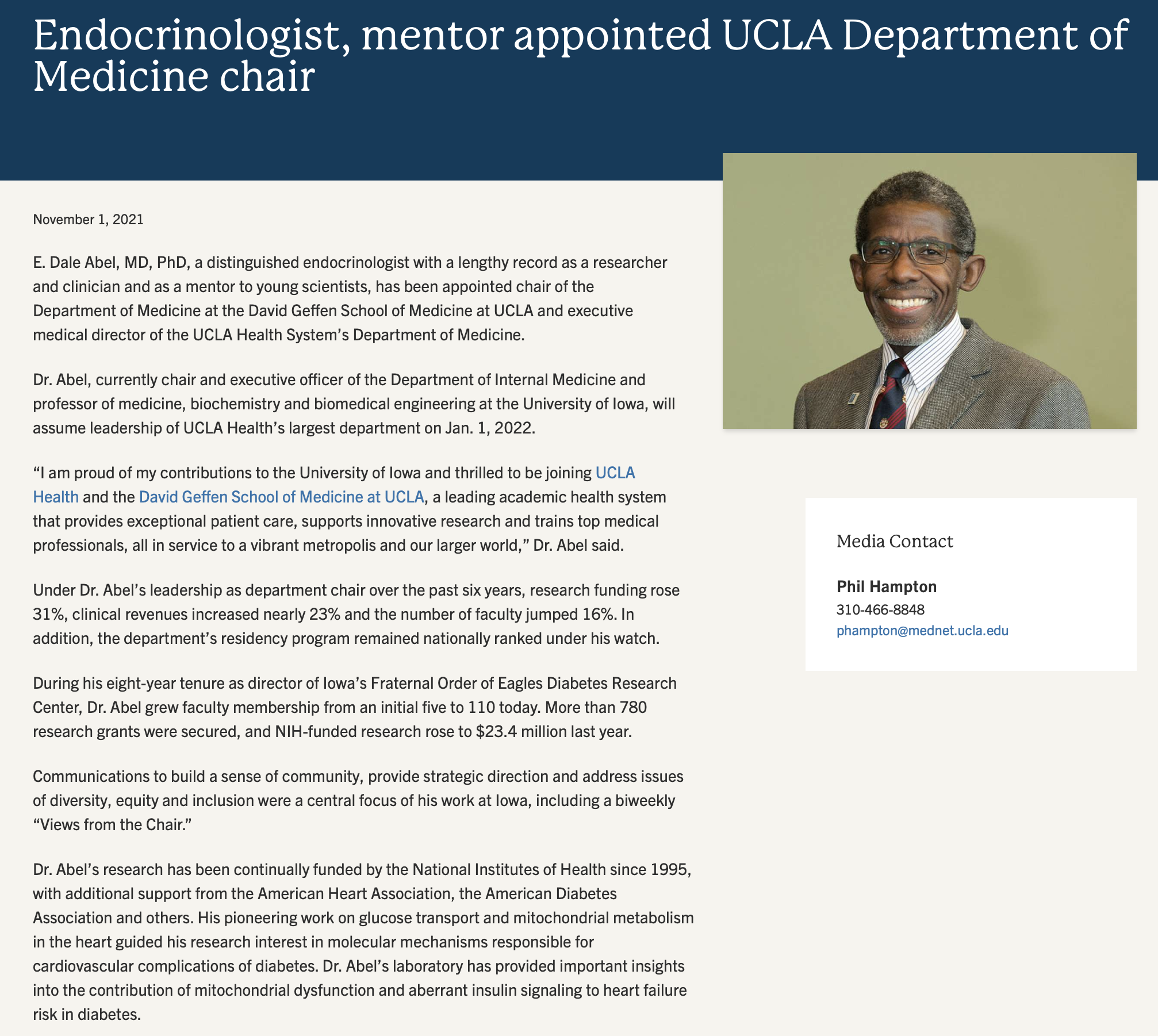 Endocrinologist, mentor appointed UCLA Department of Medicine chair