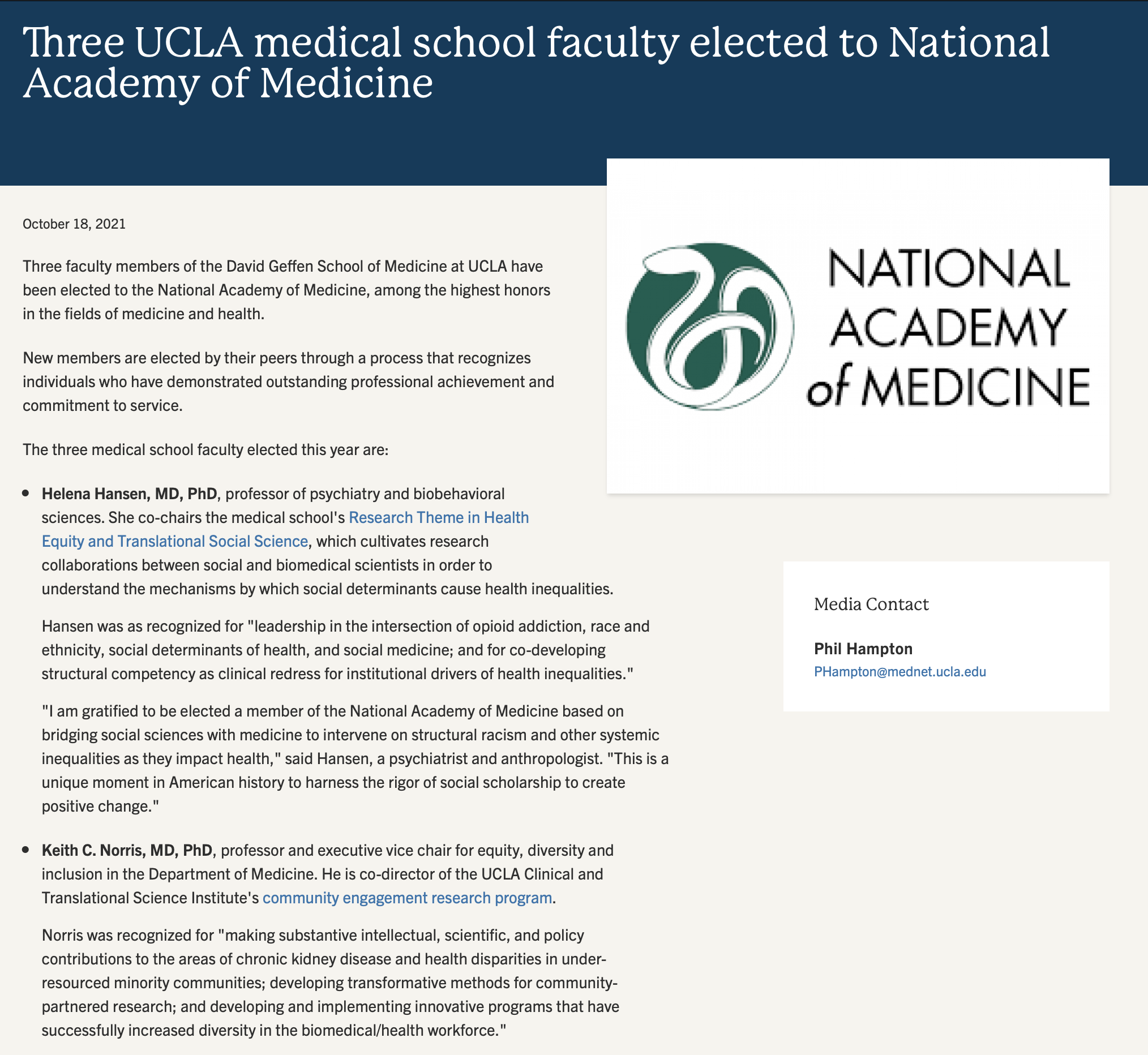 Three UCLA medical school faculty elected to National Academy of Medicine