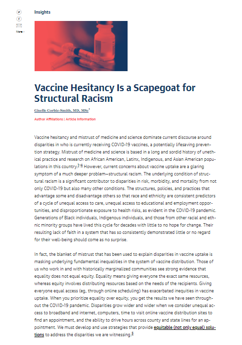Vaccine Hesistancy is A Scapegoat for Structural Racism
